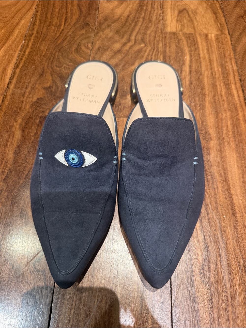 Stuart Weitzman Navy Suede Pointed Slip-On Mules with Eye Embroidery